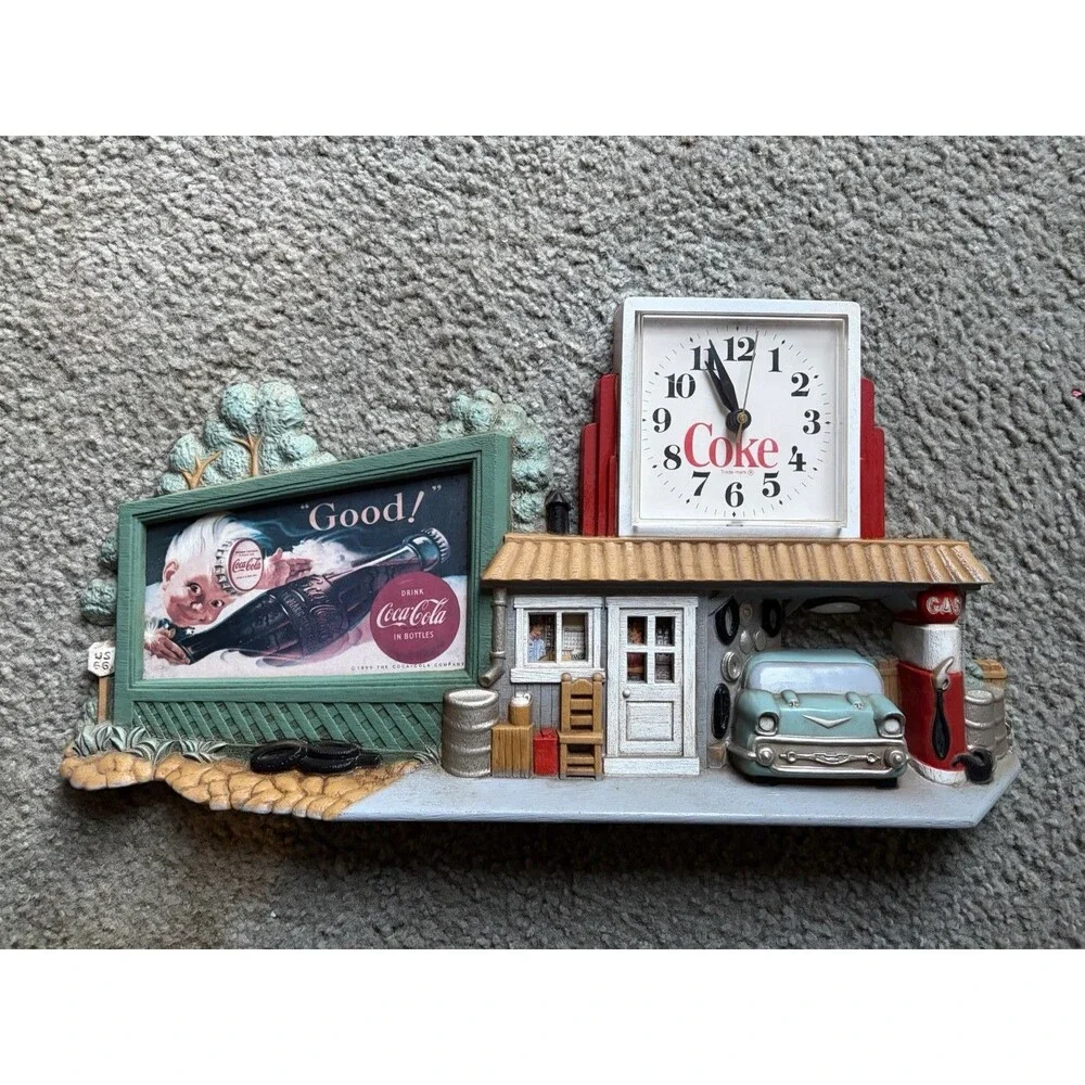 Coca Cola Route 66 Service Station Wall Clock 3D Plaque 1990